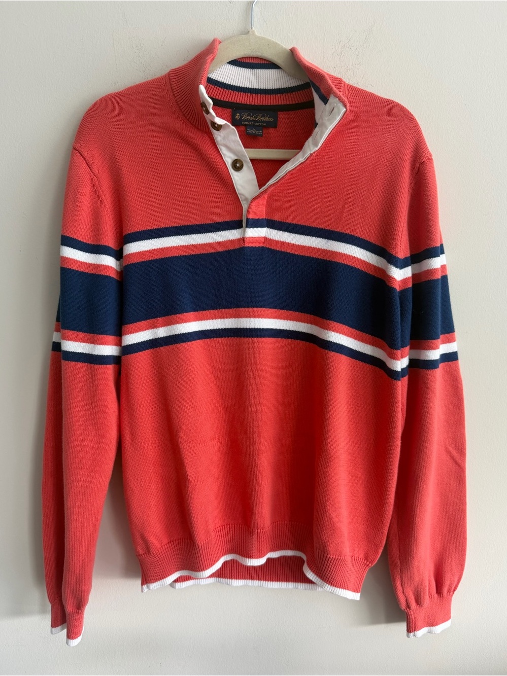 Brooks Brothers Men’s Supima Cotton Rugby Sweater Coral Pink Navy Stripe Large
